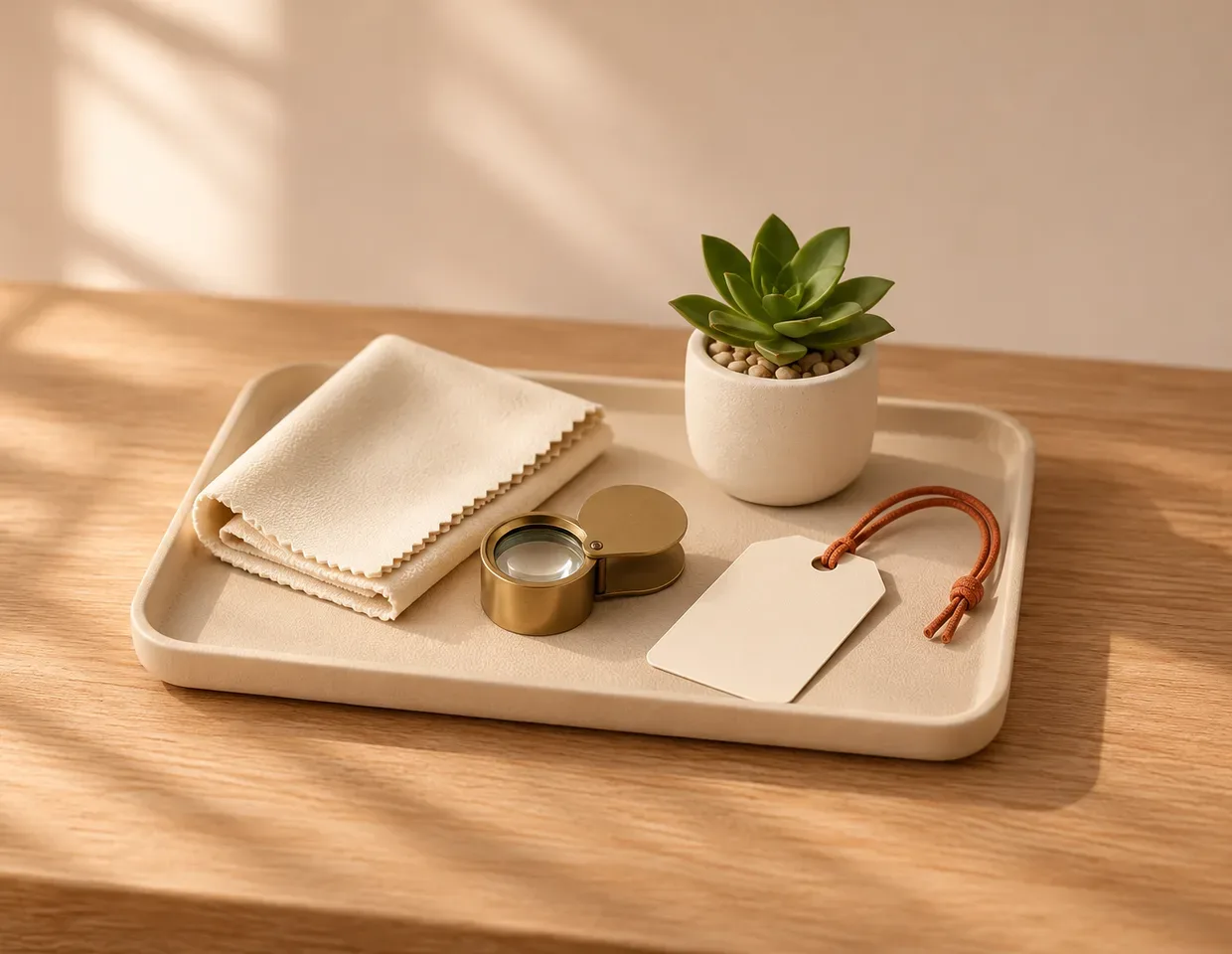 A cream tray with a cleaning cloth, a brass loupe and a blank tag on a wooden counter